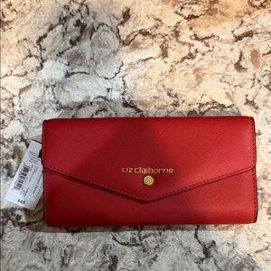 Liz Claiborne Red Envelope Wallet with Gold Logo Detail